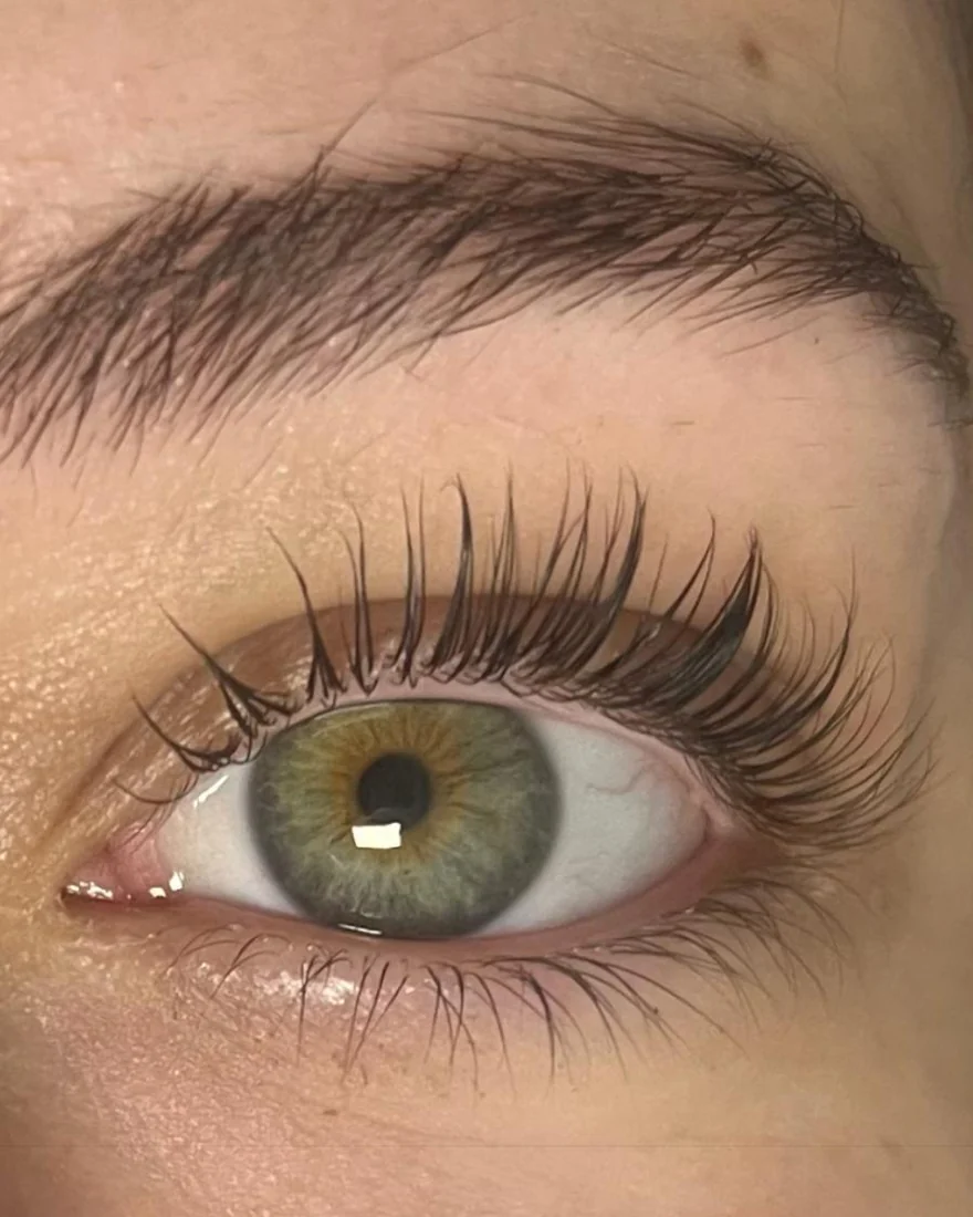 Close-up of a lash lift and tint by Mariah Elise Esthetics